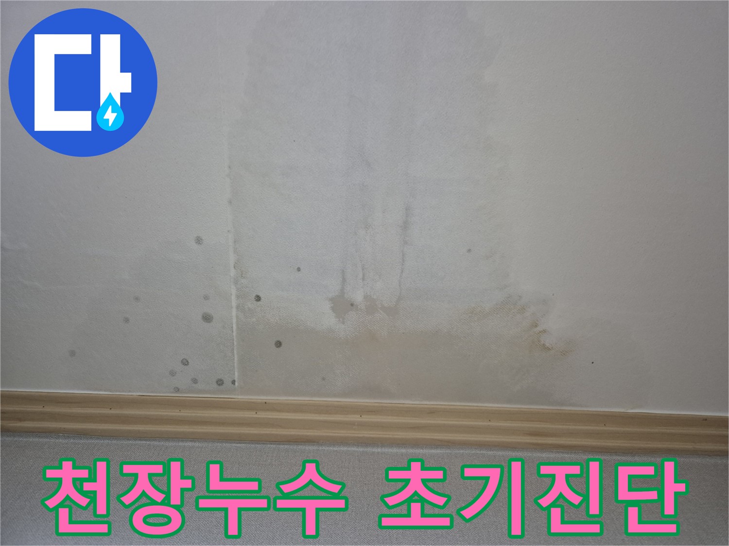 심각하게 얼룩진 천장과 들뜬 벽지 - 누수 진행 상태를 보여주는 사진