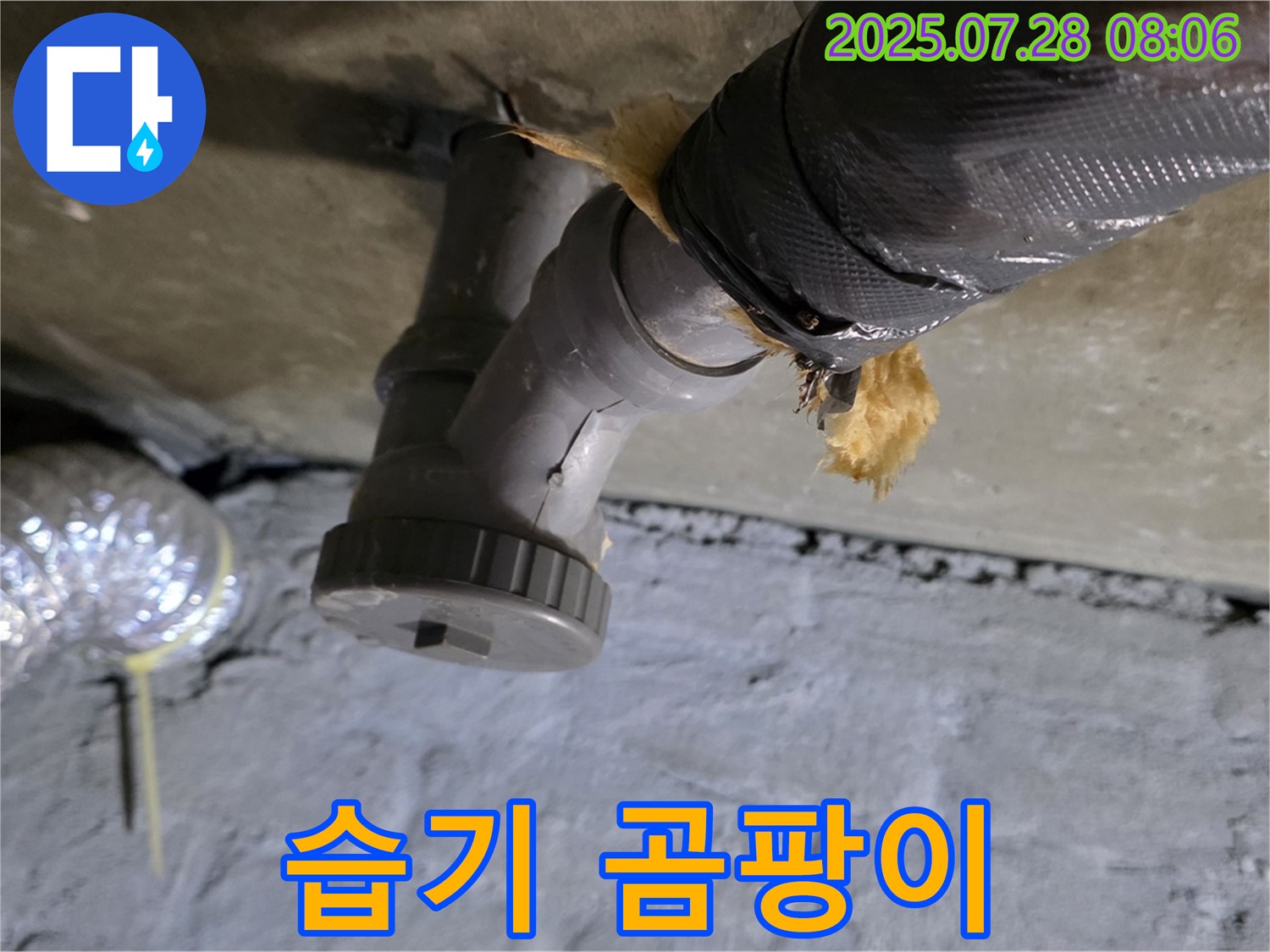 화도읍 두산아파트 누수 - 배수관 연결부 습기 찬 보온재에서 곰팡이가 발생했습니다.