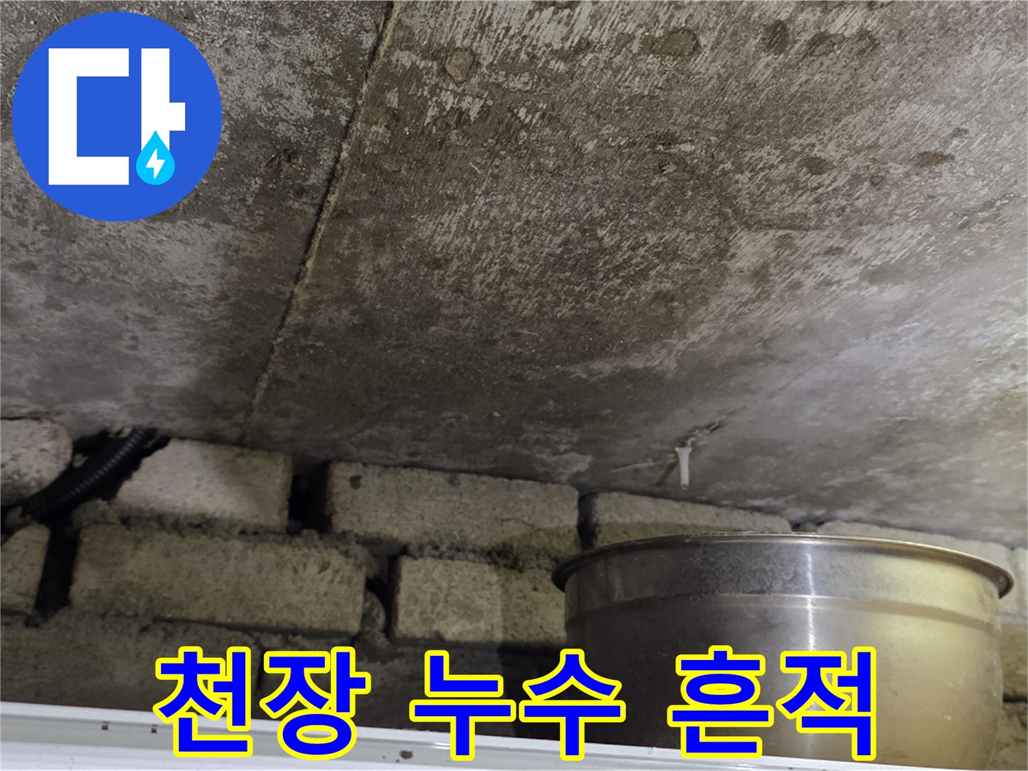 원일아파트 천장 누수 현장 사진 - 누수 흔적과 물받이 양동이가 놓여 있습니다.