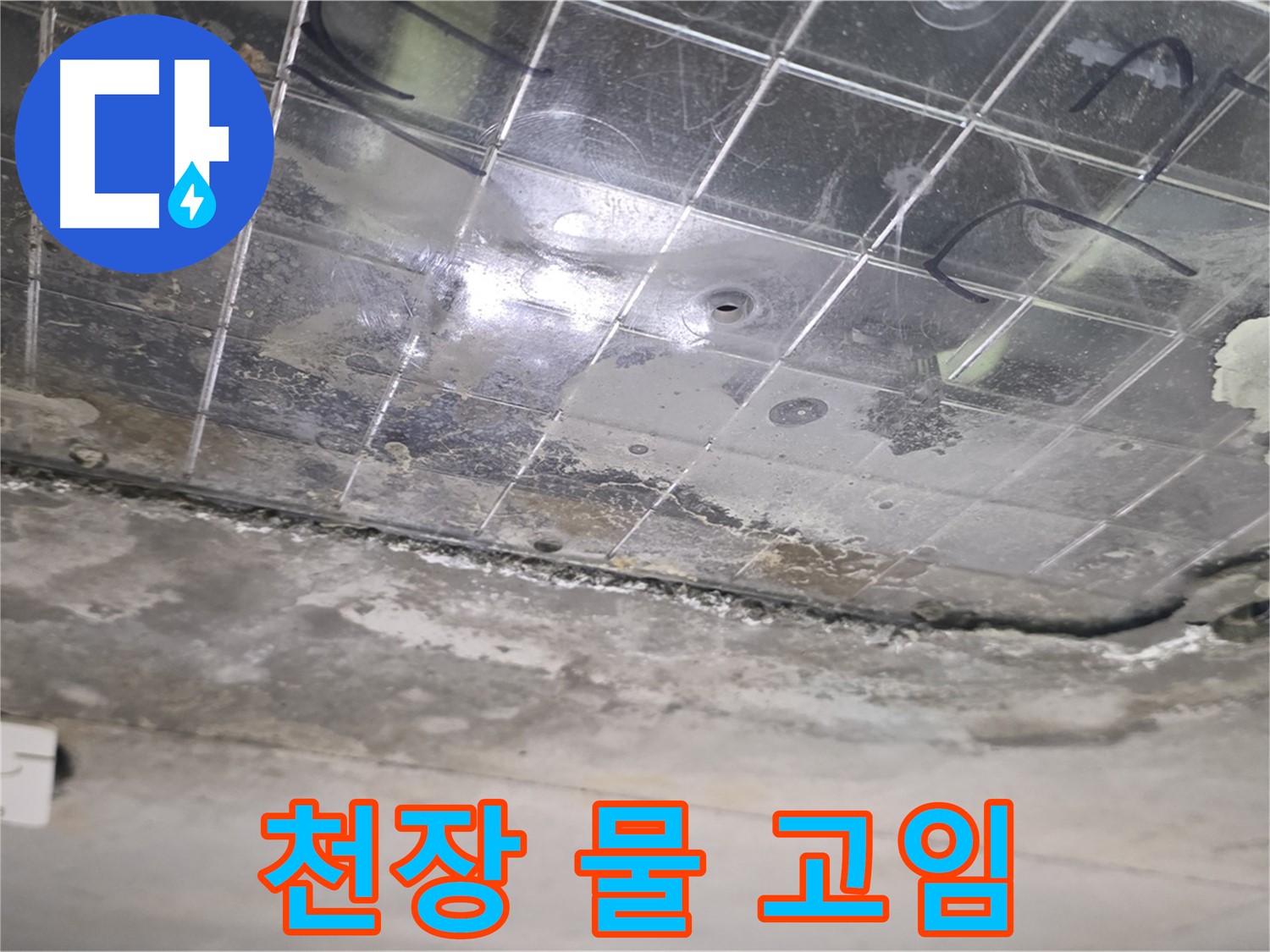 천장 물 고임 - 누수로 인해 천장에 물이 고여 있습니다.