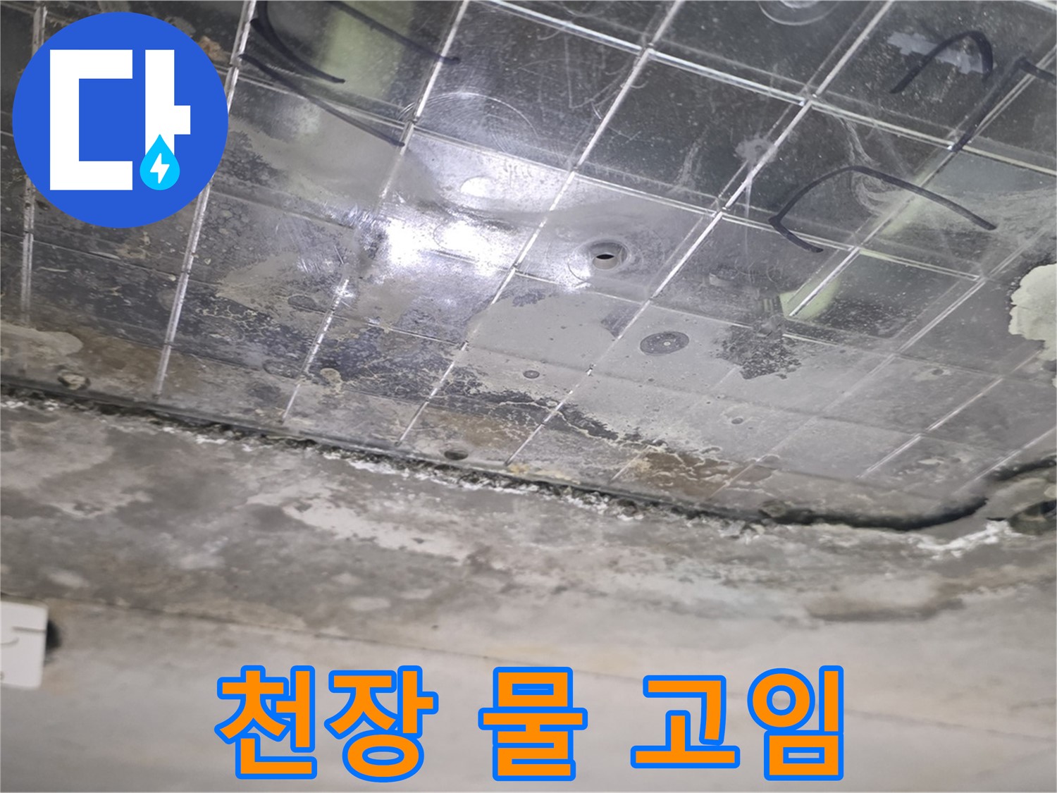 천장 물 고임 - 누수로 인해 천장에 물이 고여 있습니다.