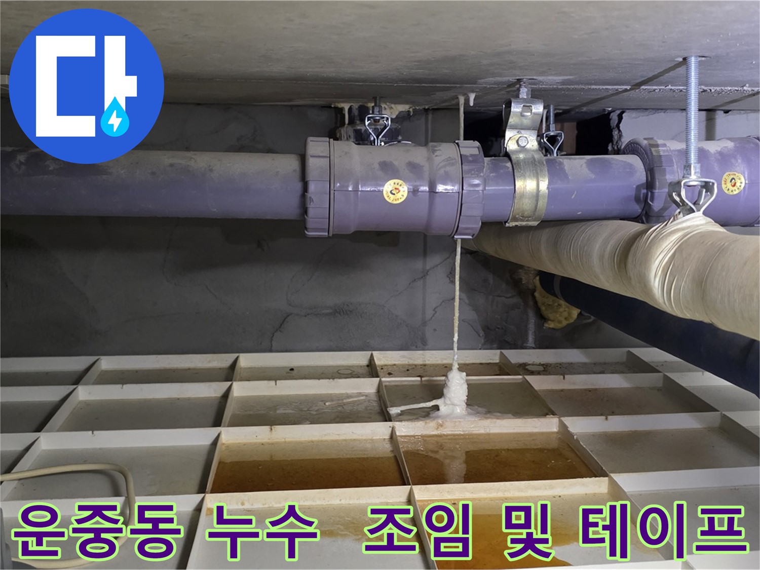 운중동 오수 배관 누수 - 연결 부위 헐거움, 조임 작업 후 방수 테이프 시공