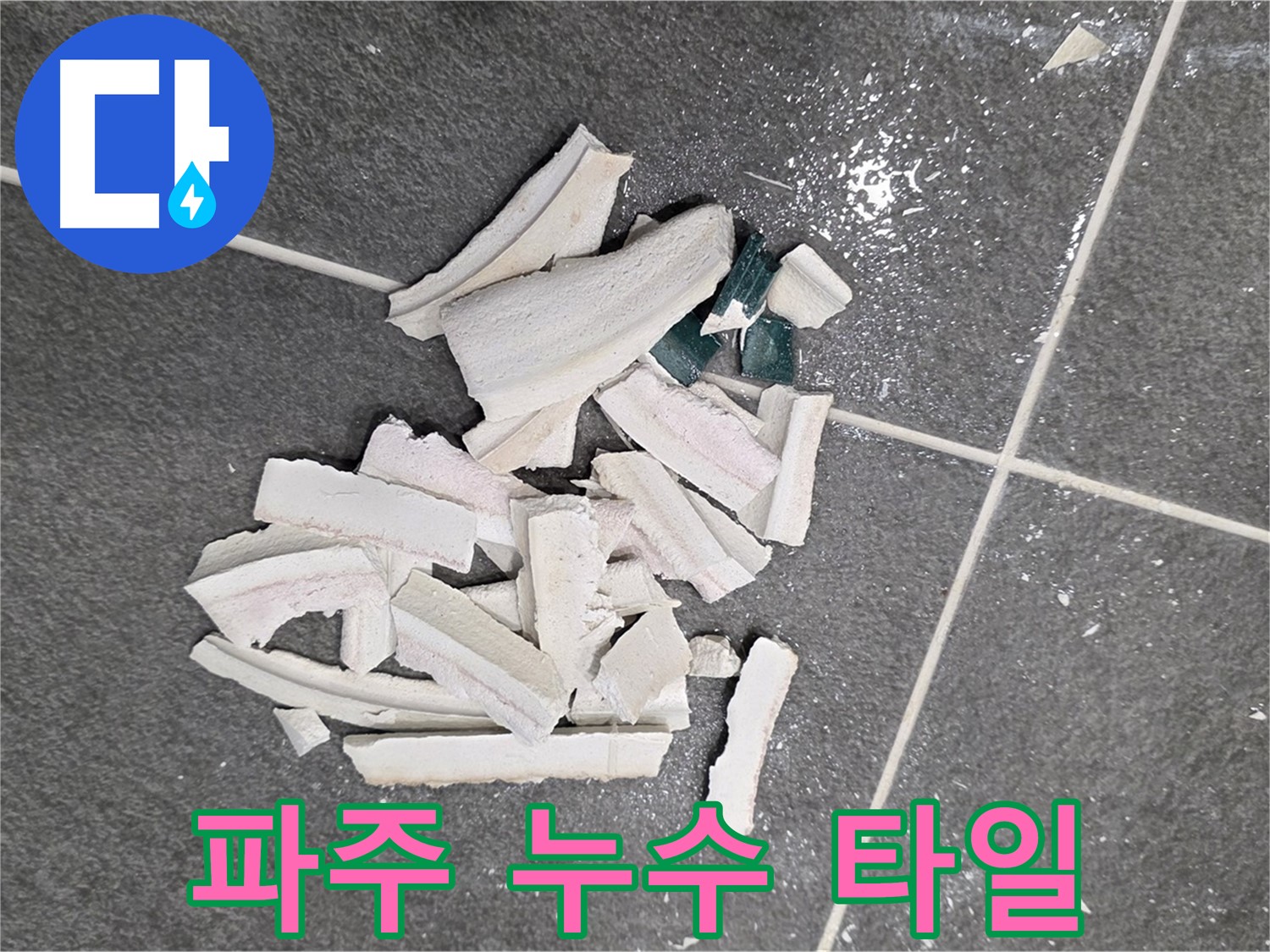 파주 누수 현장 - 깨진 타일 속 숨겨진 누수 지점을 찾아 정밀 탐지하는 모습입니다.