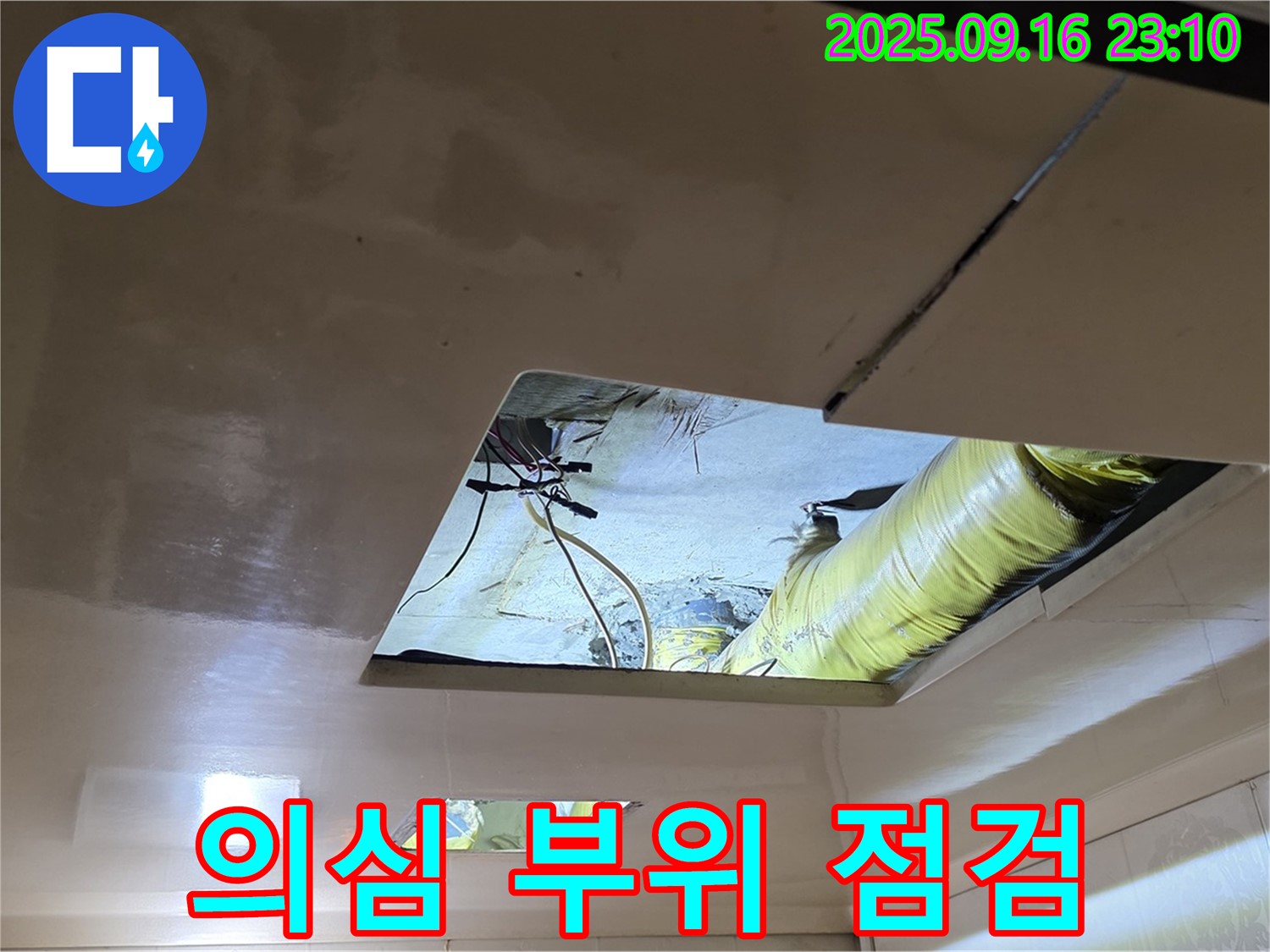 누수 의심 부위 - 천장 내부 누수 의심 부위를 집중적으로 점검하고 있습니다.