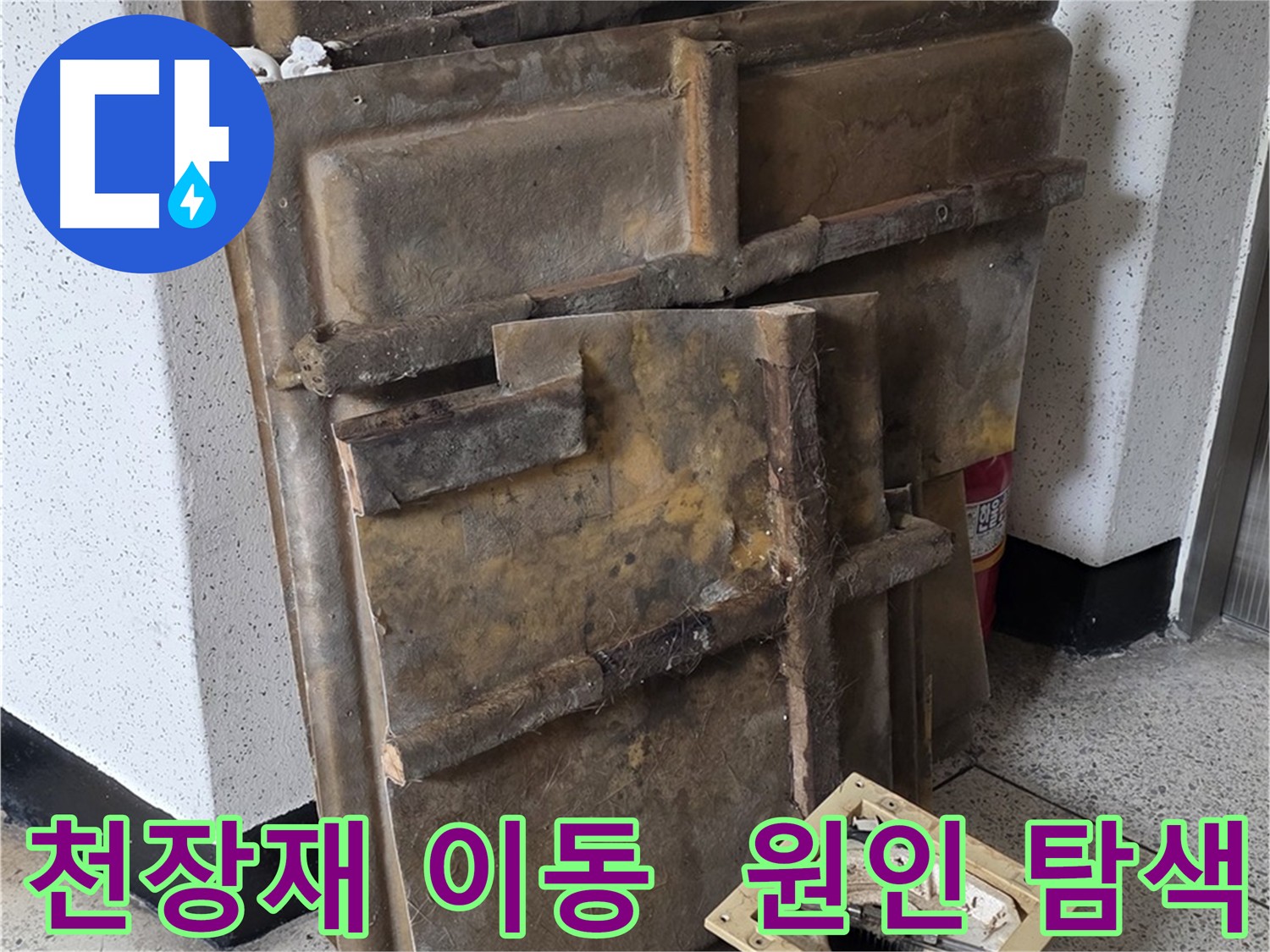 천장재 옆으로 밀고 누수 원인 탐색 중