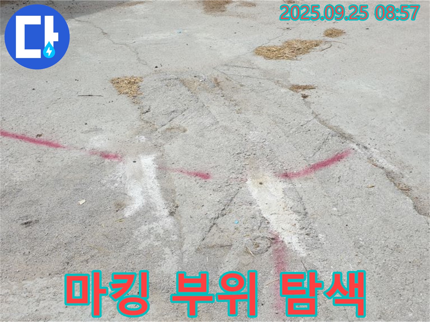 양주 백석 복지리 누수 탐지 - 붉은색 마킹 부위 집중 탐색 후 완벽한 보수 및 사후 관리 약속