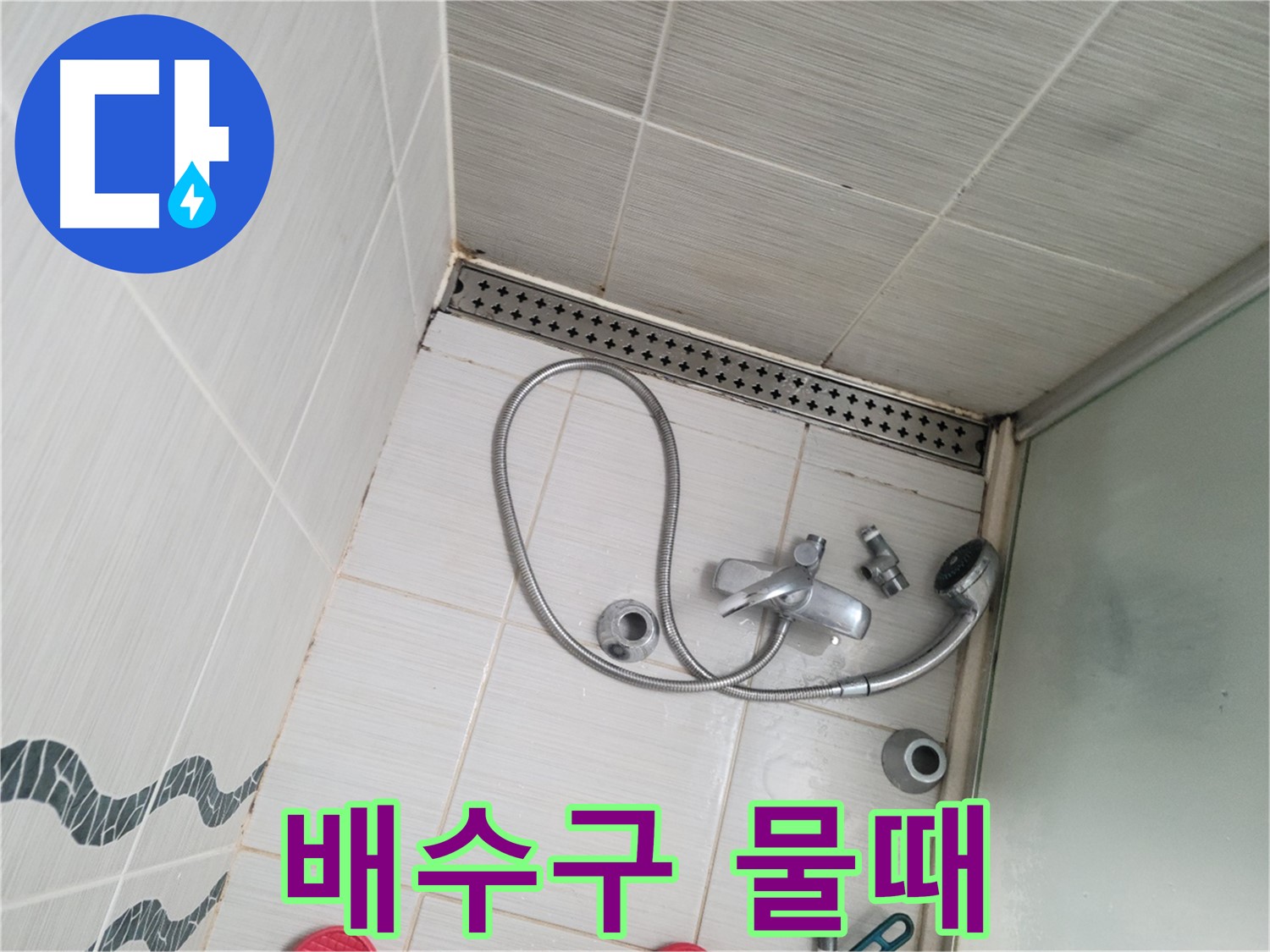 샤워기 배수구 주변 물때 및 곰팡이 - 청소 시급
