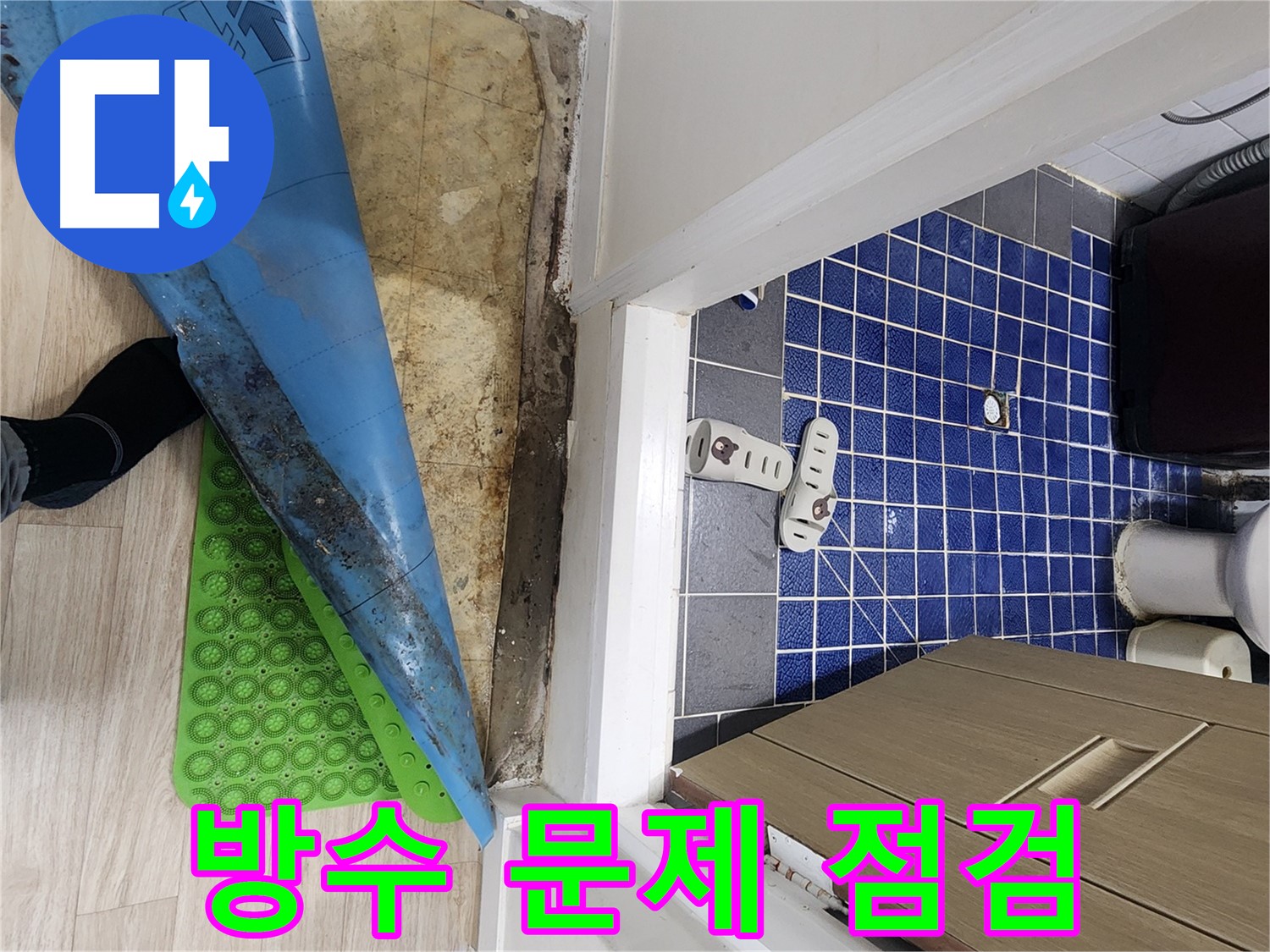 공릉동 빌라 화장실 누수 - 문 앞 장판 습기, 방수 문제 증거