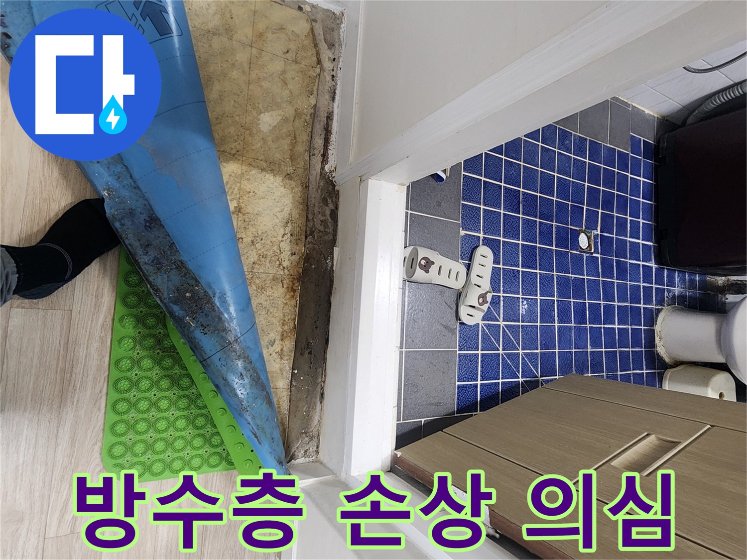 화장실 바닥 습기 및 곰팡이 냄새 - 방수층 손상으로 인한 누수 발생