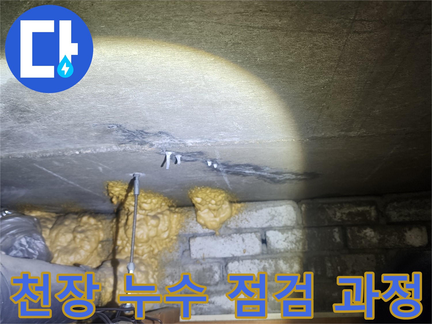아랫집 화장실 천장 점검구를 통해 누수 점검을 진행하는 사진
