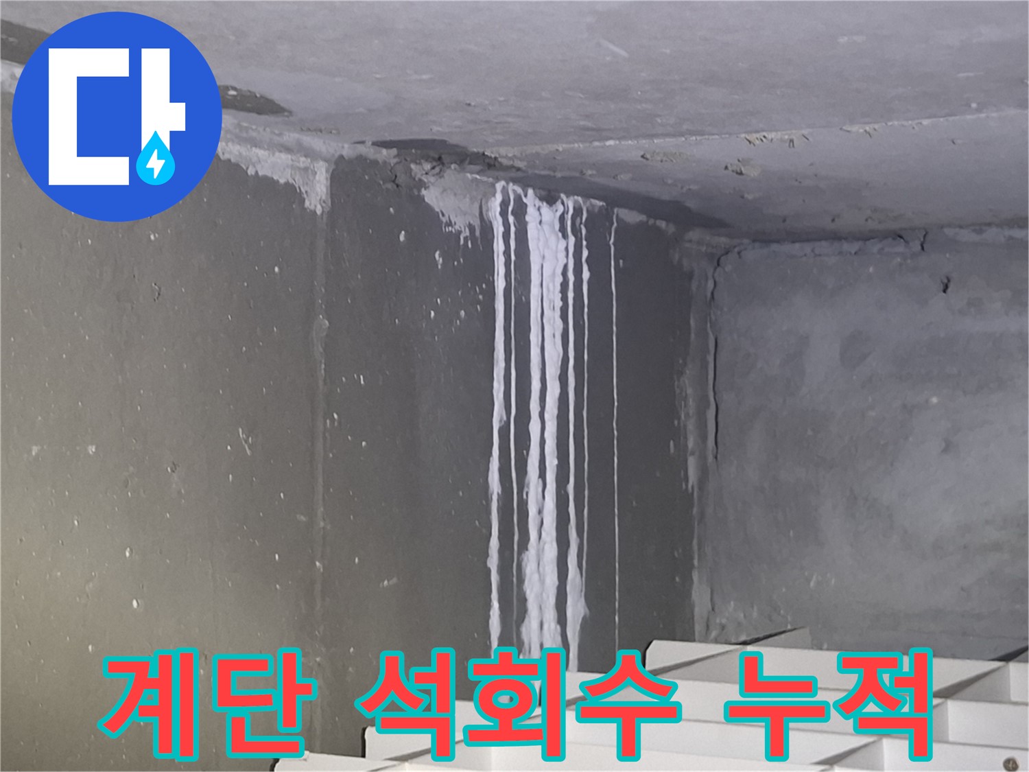 분당구 삼평동 건물 계단 누수 - 석회수 누적으로 인한 구조적 문제 의심