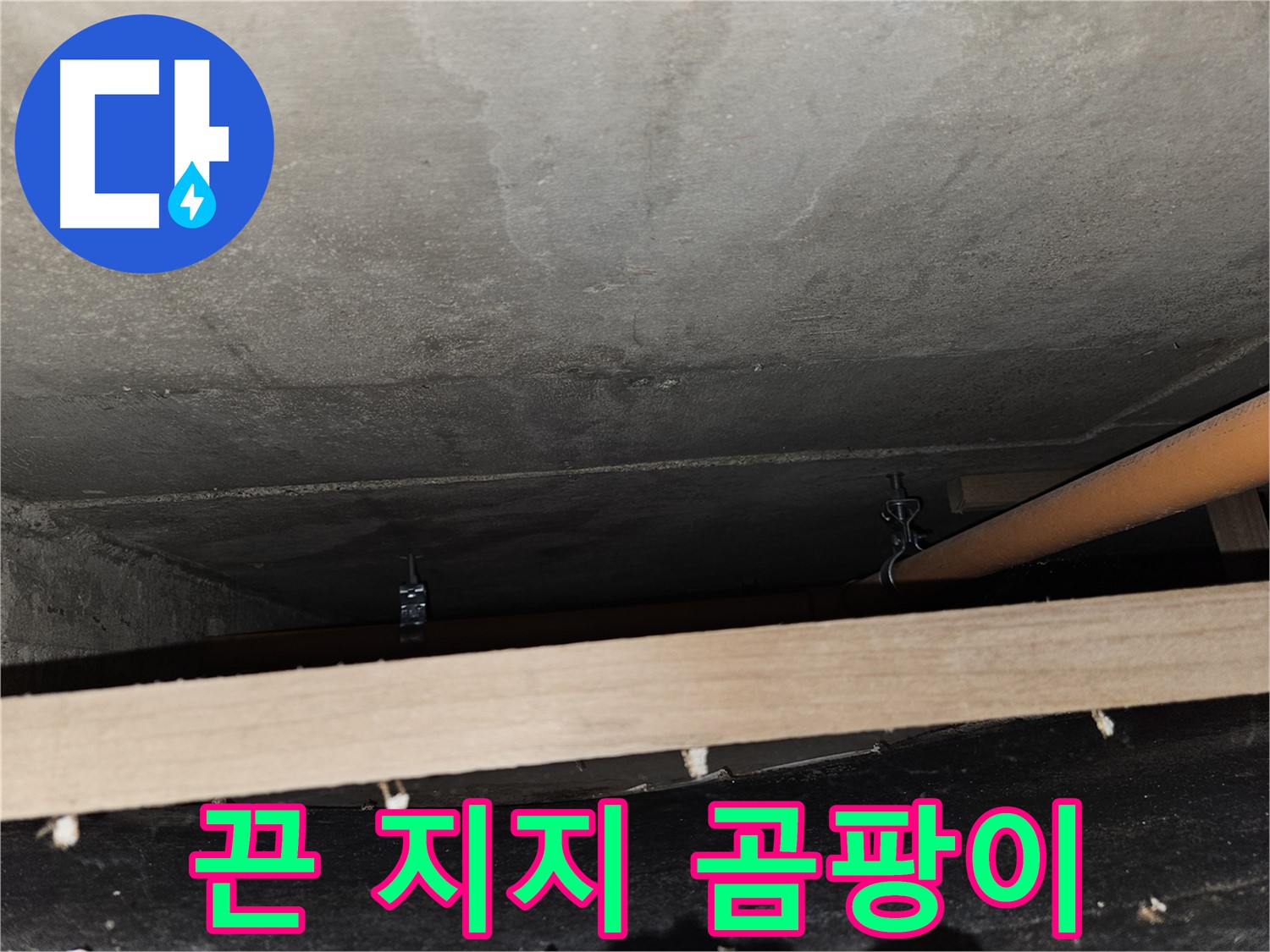천장 배관 - 임시 끈 지지 - 곰팡이 발생, 습도 문제 해결 필요