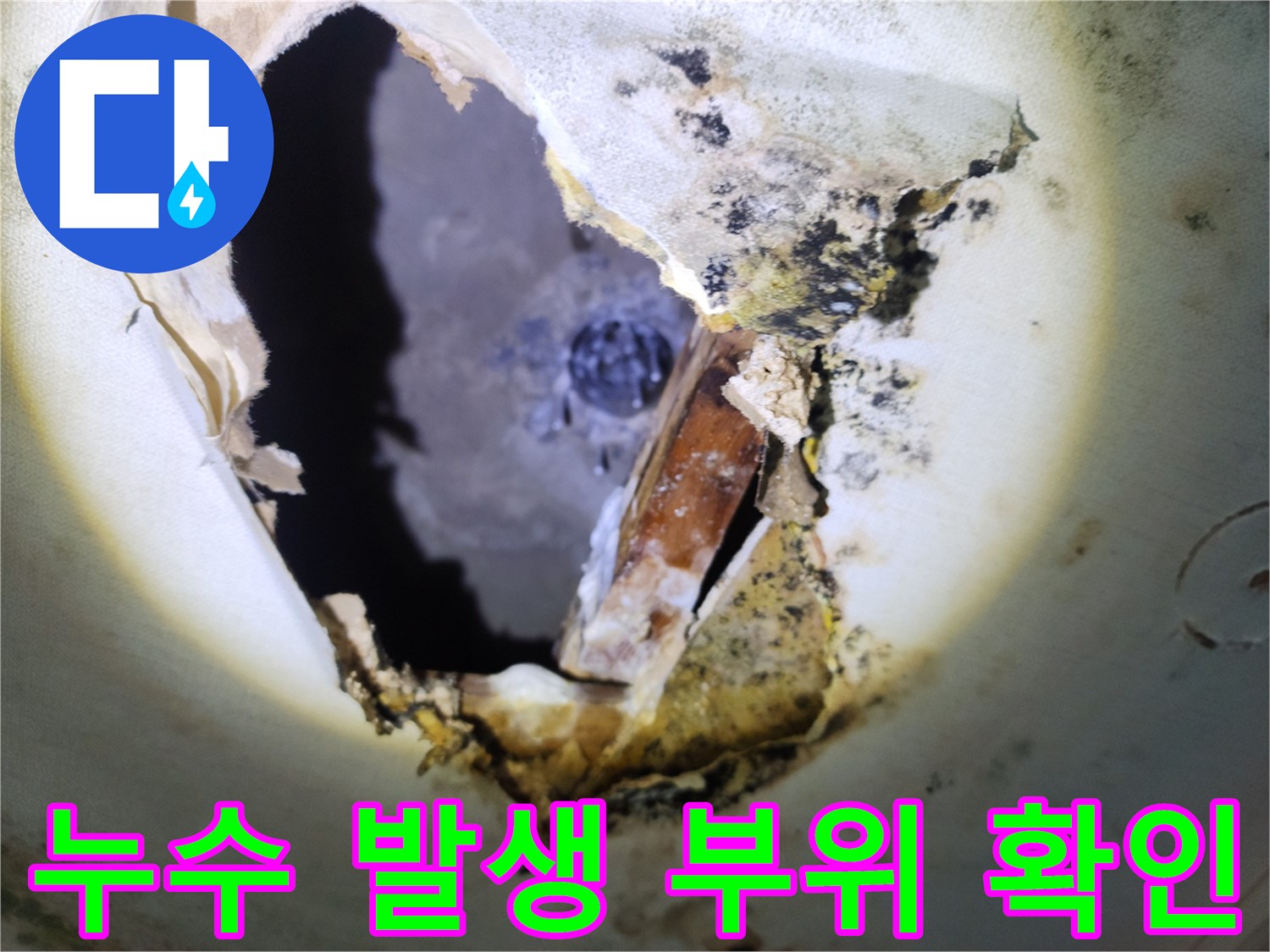 천장 절개 후 보이는 배관 주변의 곰팡이와 습기