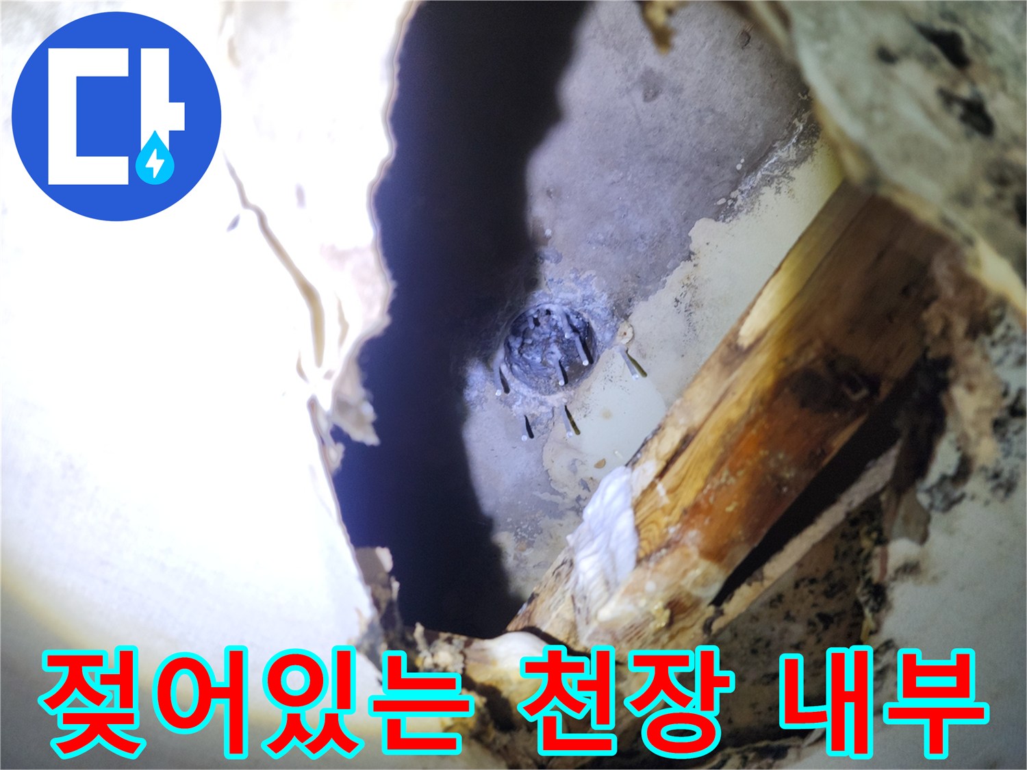 천장 틈새로 보이는 배관 주변의 젖은 마감재와 습기