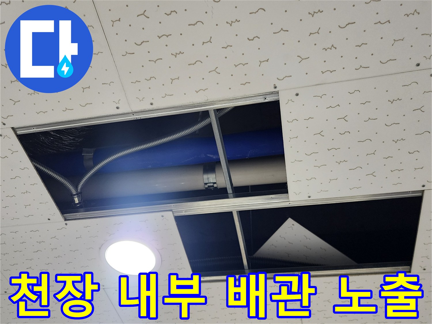 천장 텍스 판넬 사이로 보이는 은색 주름관과 파란색 배관의 모습