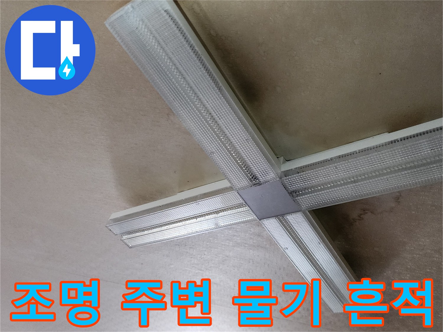 천장 조명 기구 하단의 누수 오염