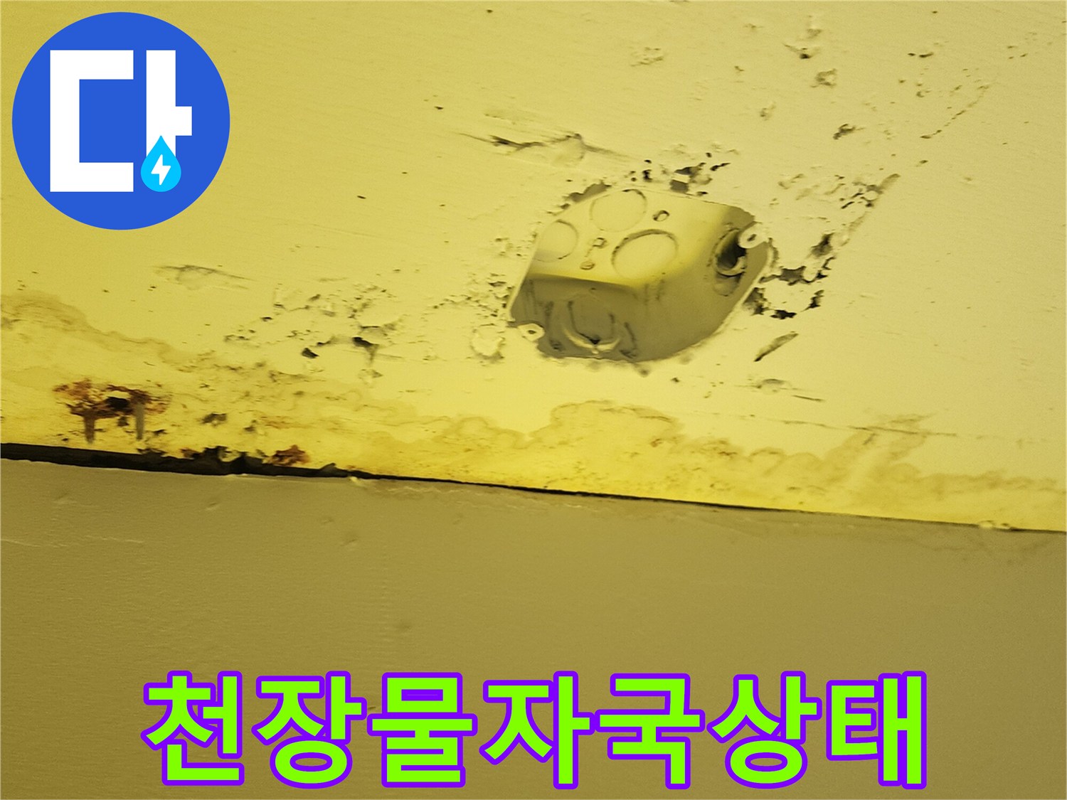 노란색 천장재 주변에 발생한 습기로 인한 변색 및 젖은 흔적