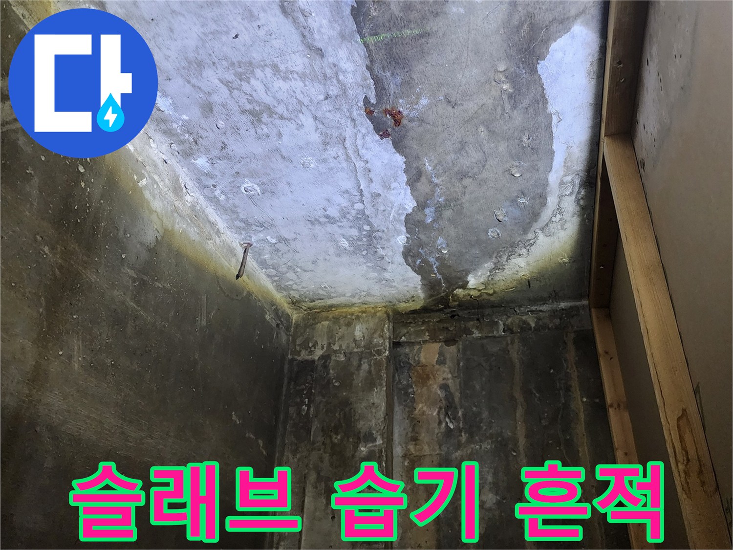 축축하게 젖어 있는 콘크리트 구조물과 물샘 자국