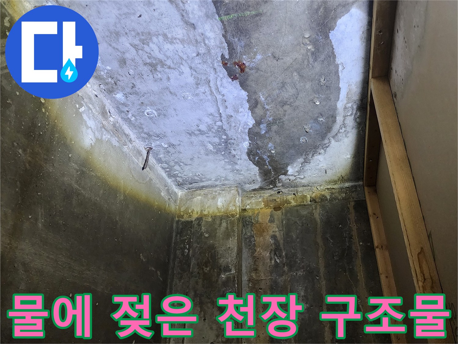 하패리 현장 내부-누수로 인해 습기가 배어 나온 콘크리트 면