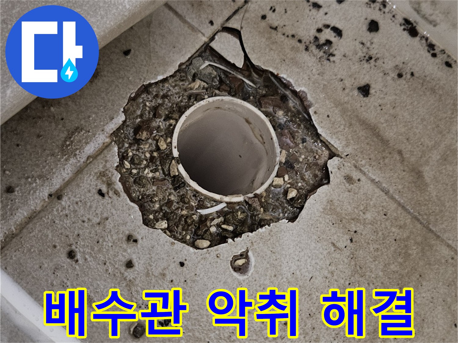 깨진 타일 속 드러난 배수관 - 악취 및 누수 긴급 해결 작업