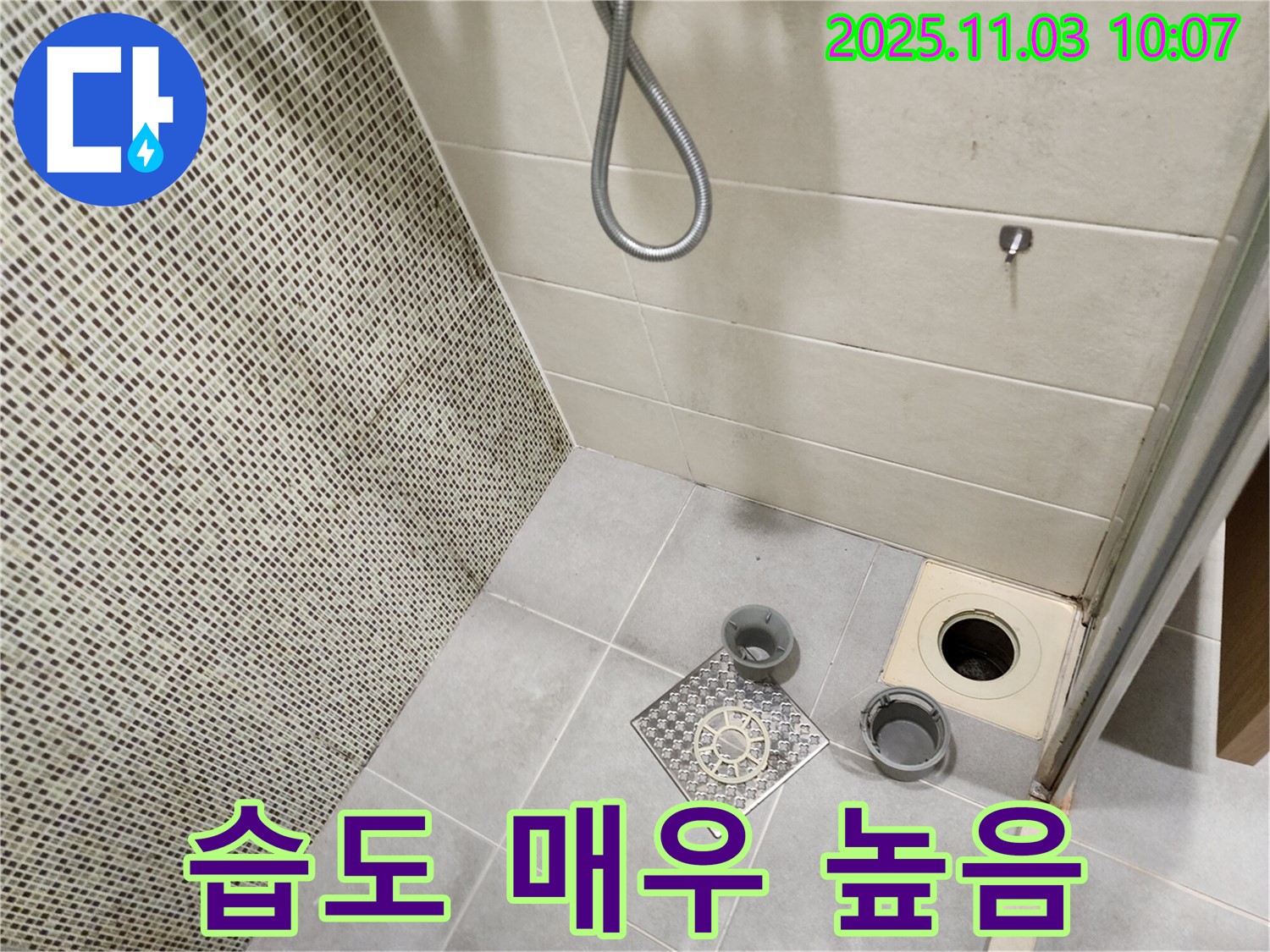 금호동 아파트 욕실 - 배수구 주변의 습도가 매우 높아 누수 심각성을 의심하고 점검