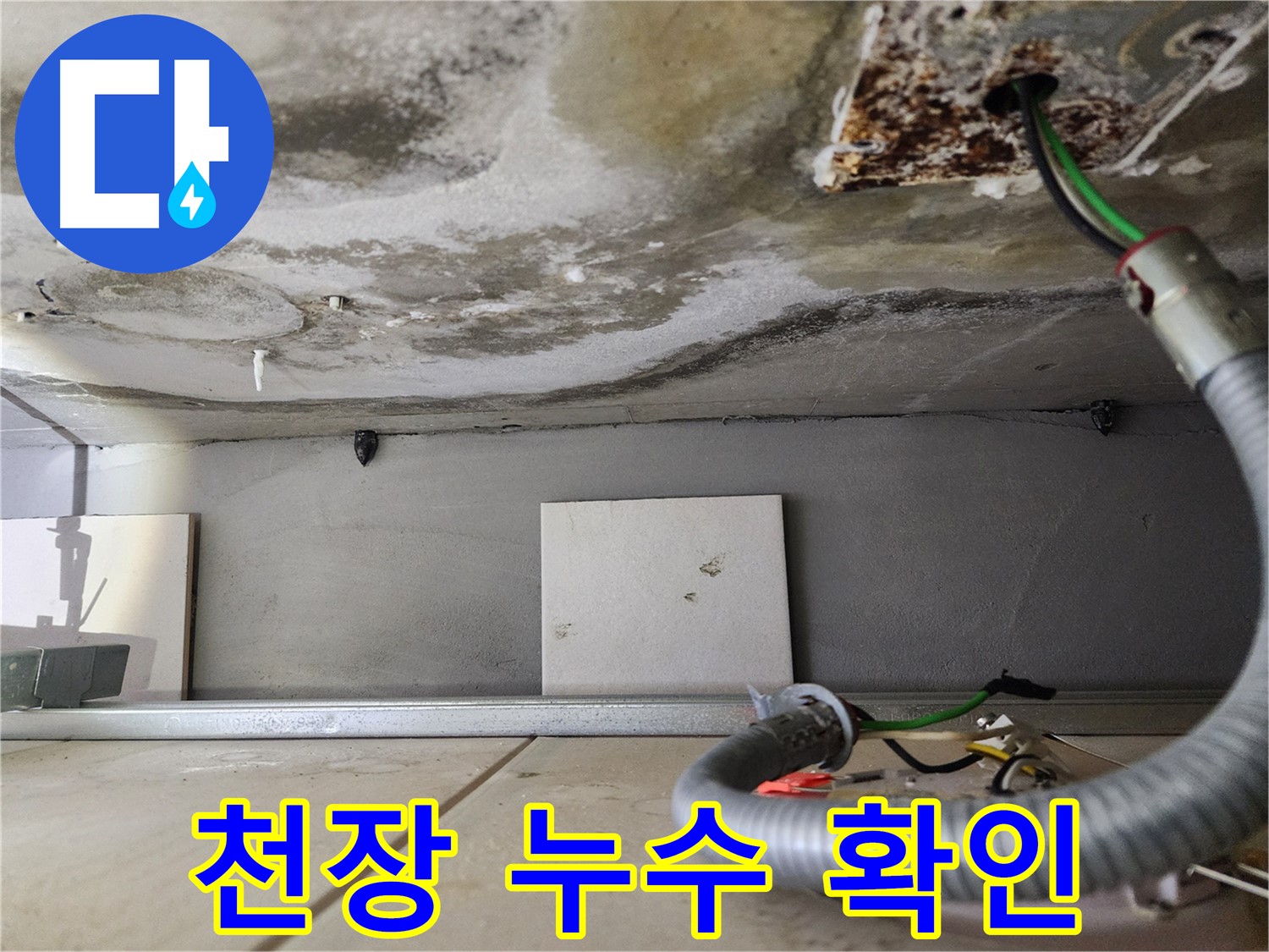 천장 누수 - 젖은 콘크리트와 전기선 동시 확인