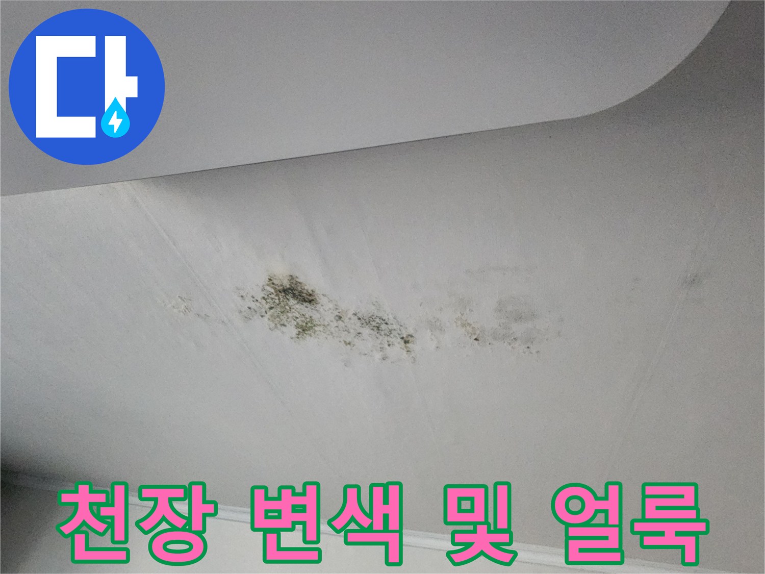물이 새어 나와서 발생한 천장 마감재의 변색 흔적