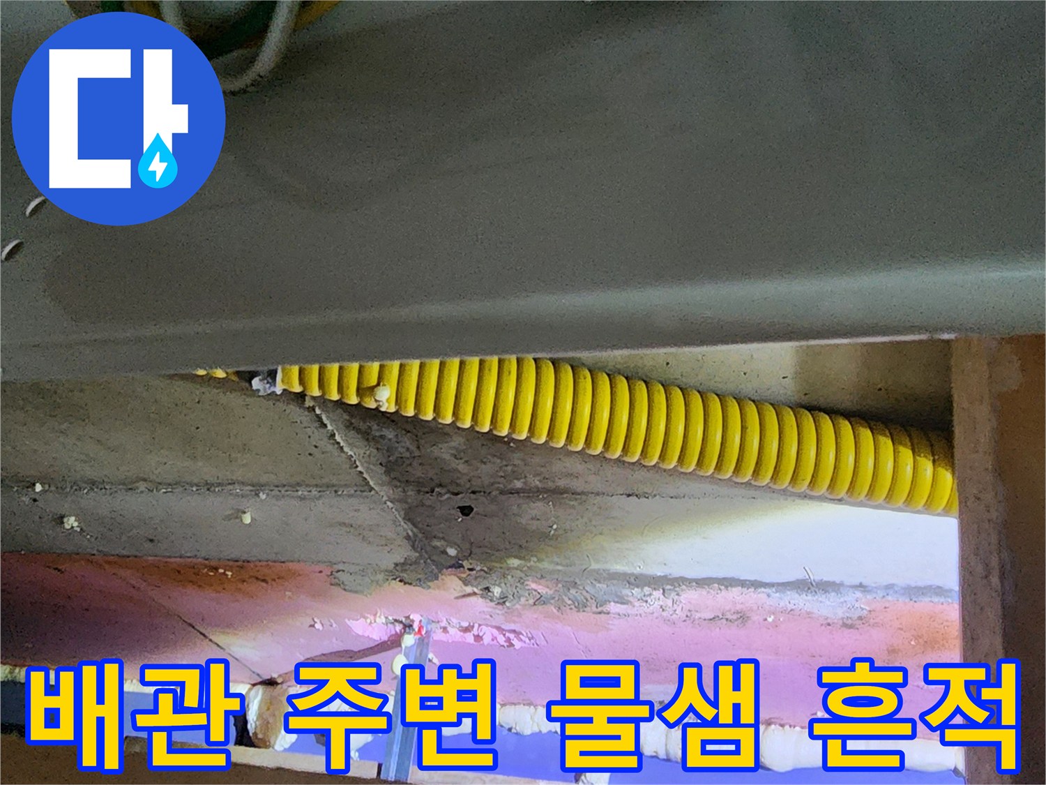 의정차 송산동 천장 내부 노란색 배관과 습기된 벽면