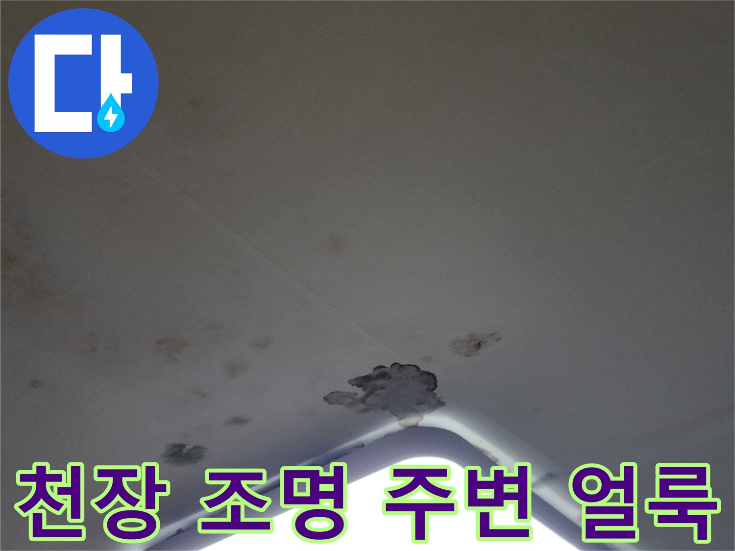 거실 조명 근처에 보이는 젖은 듯한 천장 얼룩