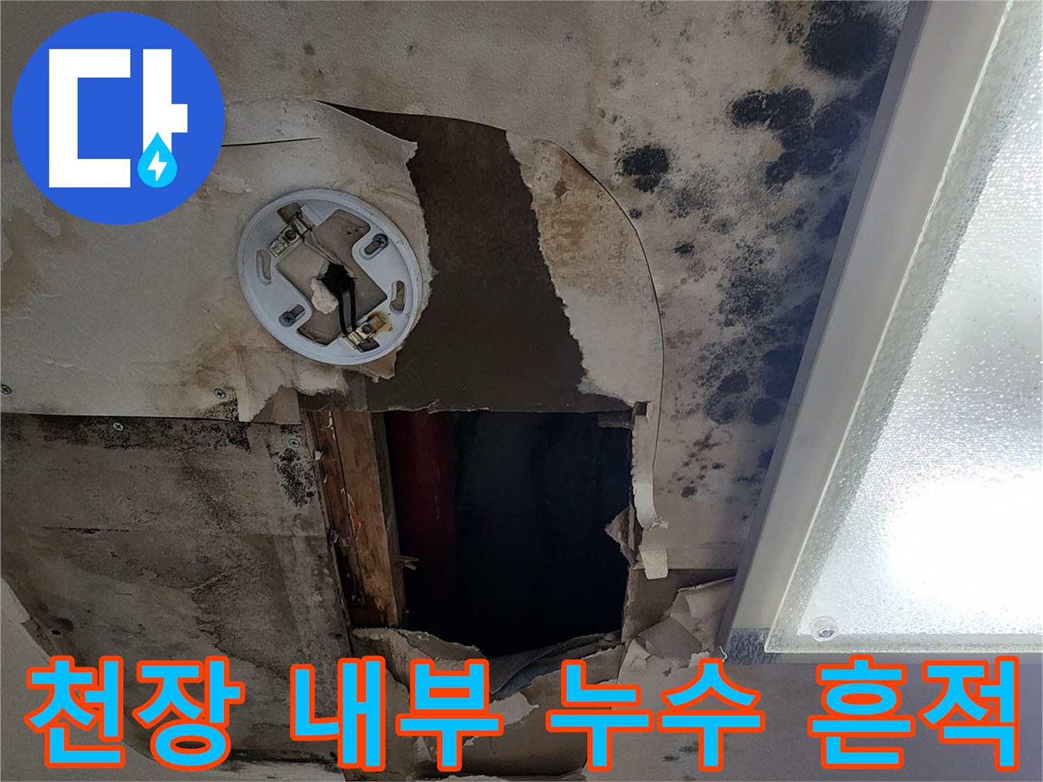 물샘 현상이 확인된-훼손된 천장 마감 부위