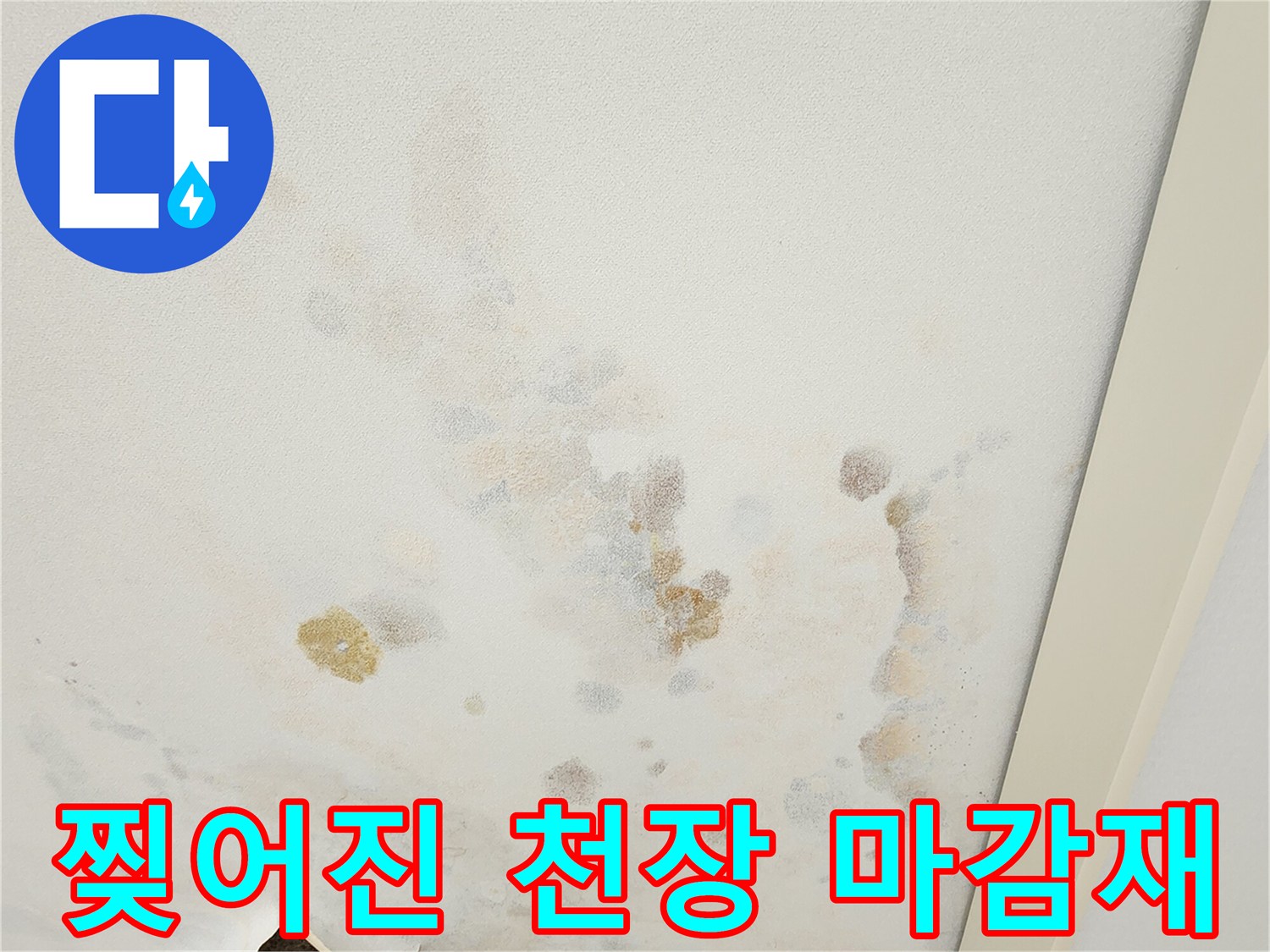 습기로 인해 훼손된 천장 벽지와 곰팡이 흔적