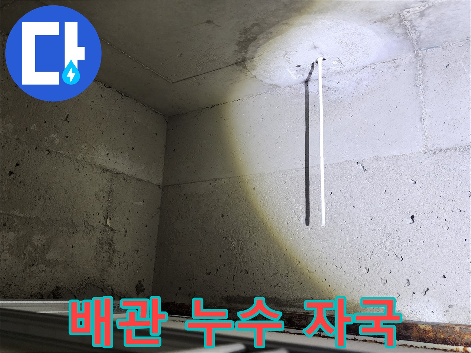 천장 콘크리트 벽면의 수분 침투 흔적과 얼룩