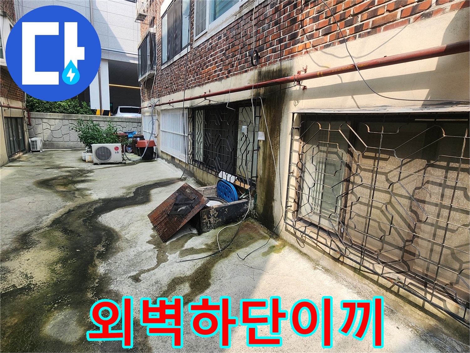 물 고임으로 인해 이끼가 낀 건물 외벽 하부 지면