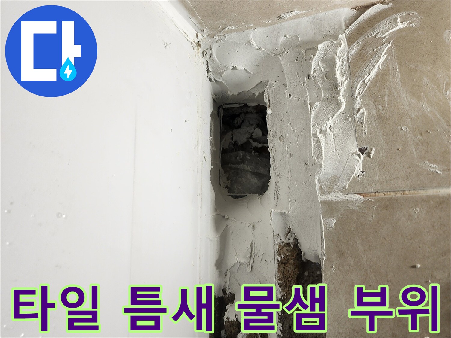 욕조 하단 타일 사이의 파손된 모습