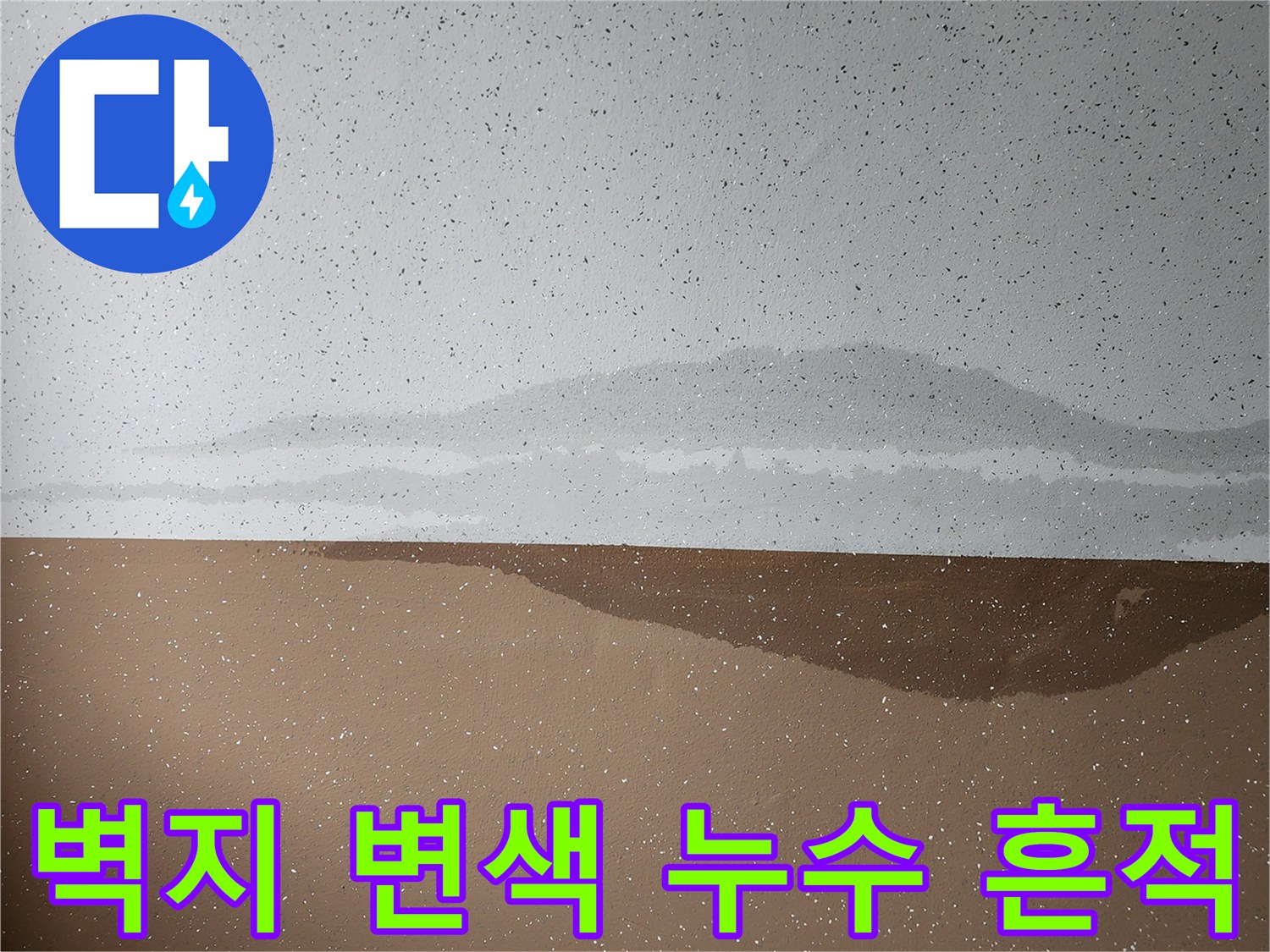 벽면 상단부의 짙은 갈색 물샘 자국과 습기 분포