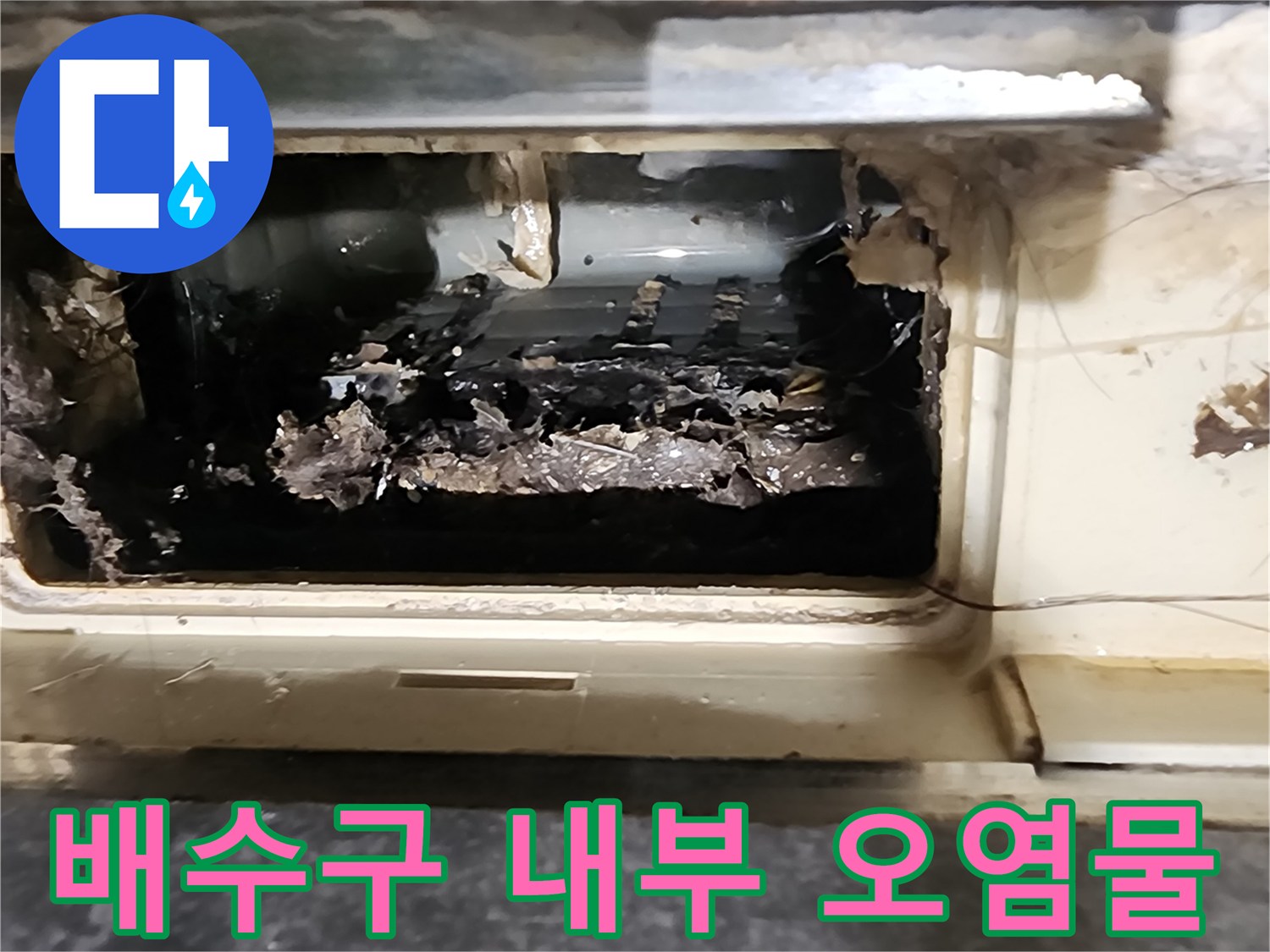 축축하게 젖어있는 배수구 내측의 이물질 퇴적 현상입니다.