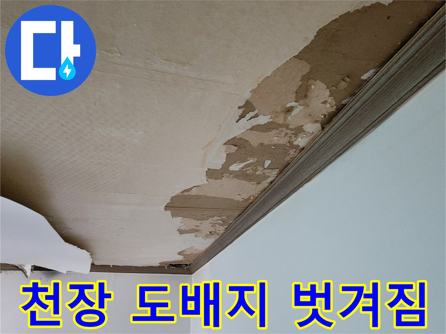 물샘 현상으로 인해 찢어지고 변색된 천장 모서리 부위입니다.