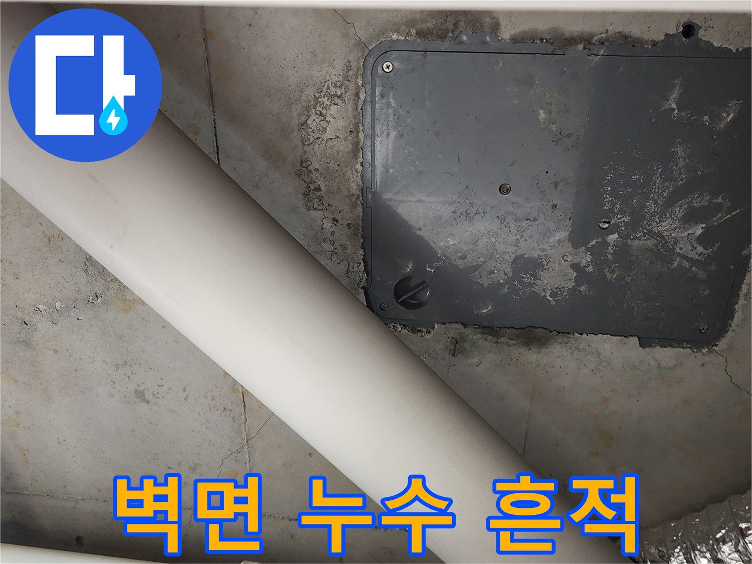 배관과 점검구 사이의 습기 찬 벽면 모습