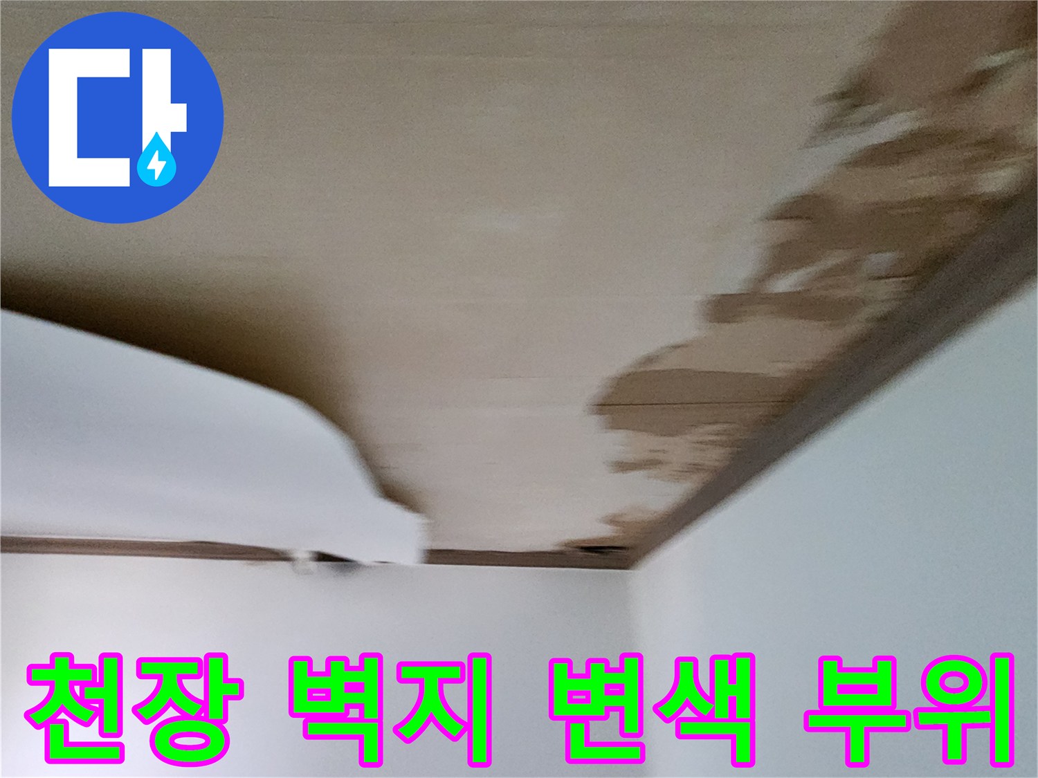 천장 구석의 젖은 흔적과 갈색으로 변한 벽지 표면