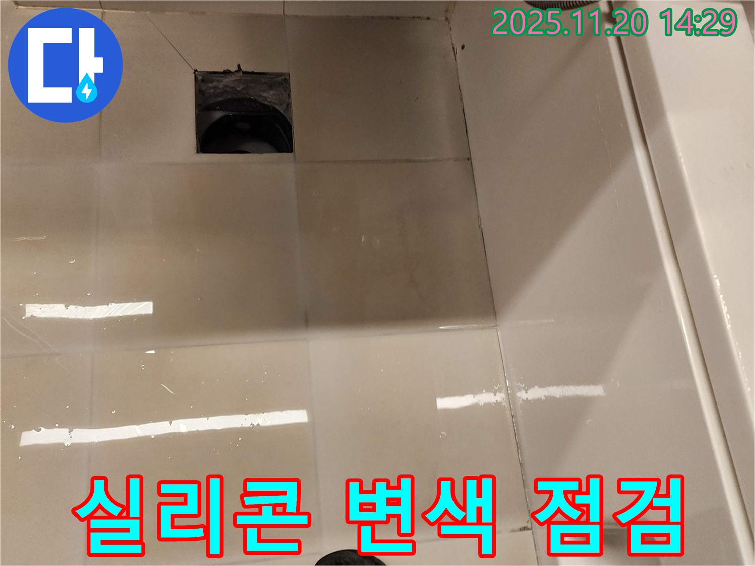 포천 가산 욕실 배수구 누수 - 배수구 주변 실리콘 변색 및 곰팡이 상태를 점검