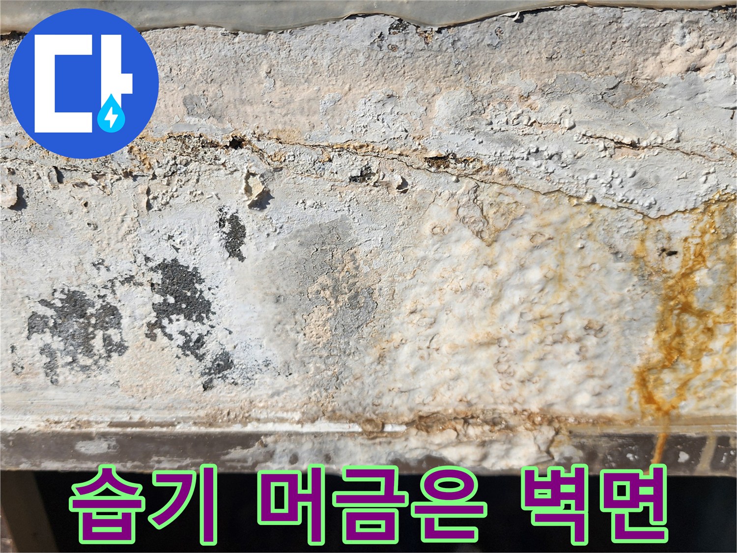신북면 외벽 하단-누수로 인해 변색된 시멘트와 얼룩
