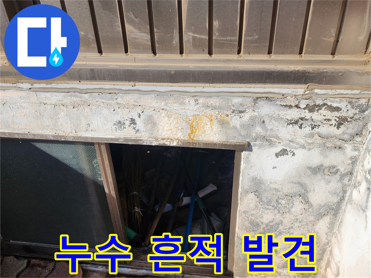 외벽 하단부-변색된 얼룩과 습기 머금은 벽면