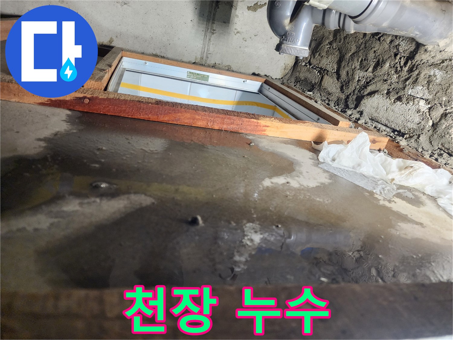 천장 누수 - 나무 틀 주변 - 물 고임