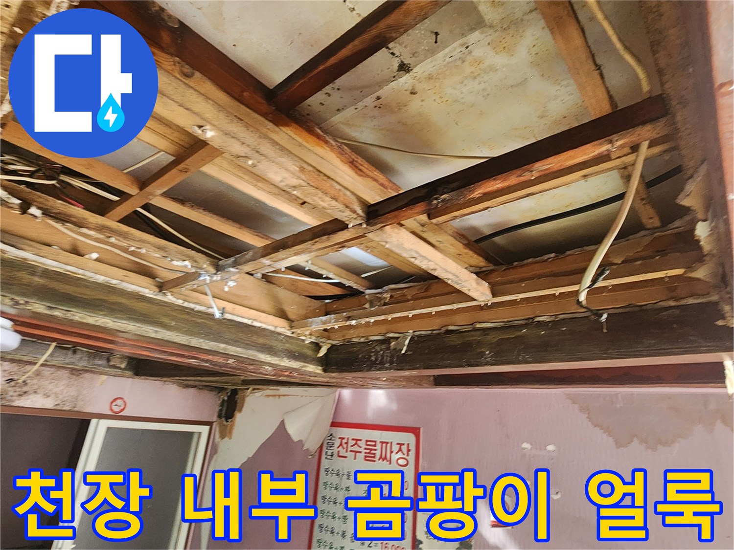 천장-판재에-남은-누수-흔적과-곰팡이