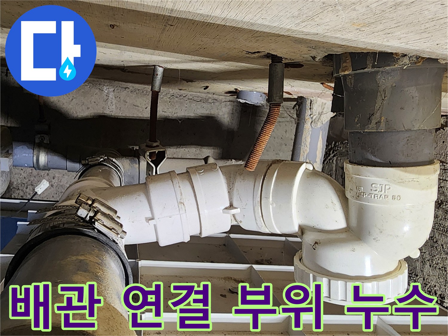 누수 지점 확인-P트랩과 수직 배관 사이의 틈새 관찰