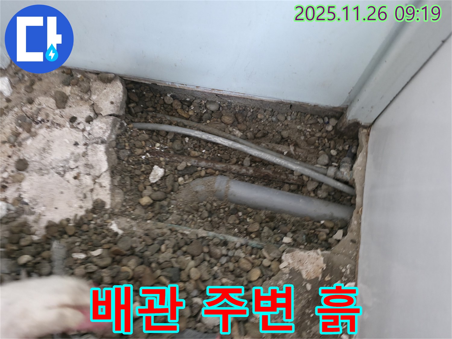 명달로4길 주택 누수 현장 - 배관 주변의 흙을 제거하고 누수 지점을 찾고 있습니다.