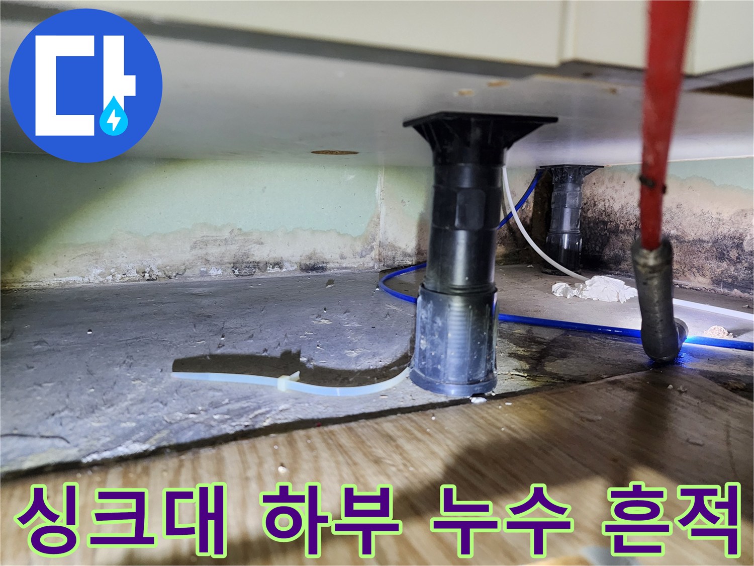 싱크대 아래쪽 배수관 주변의 젖은 벽면과 바닥 부위