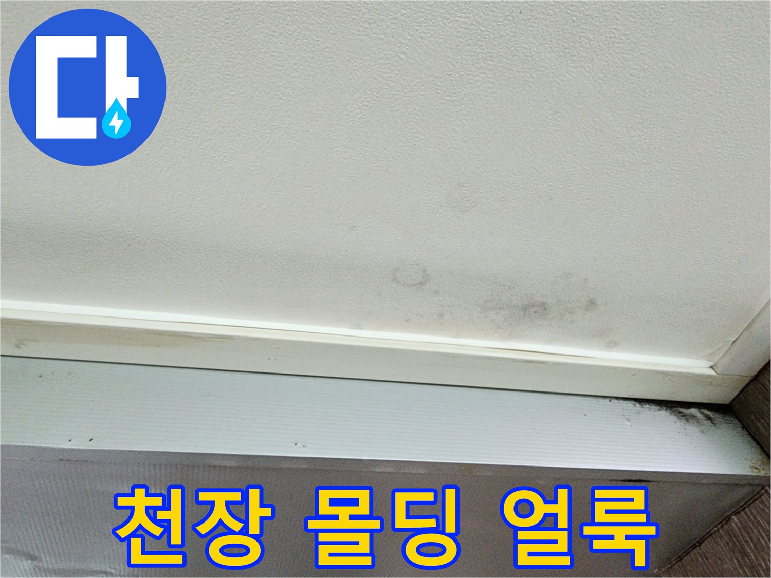 어둡게 변색된 천장 몰딩과 벽지 경계부