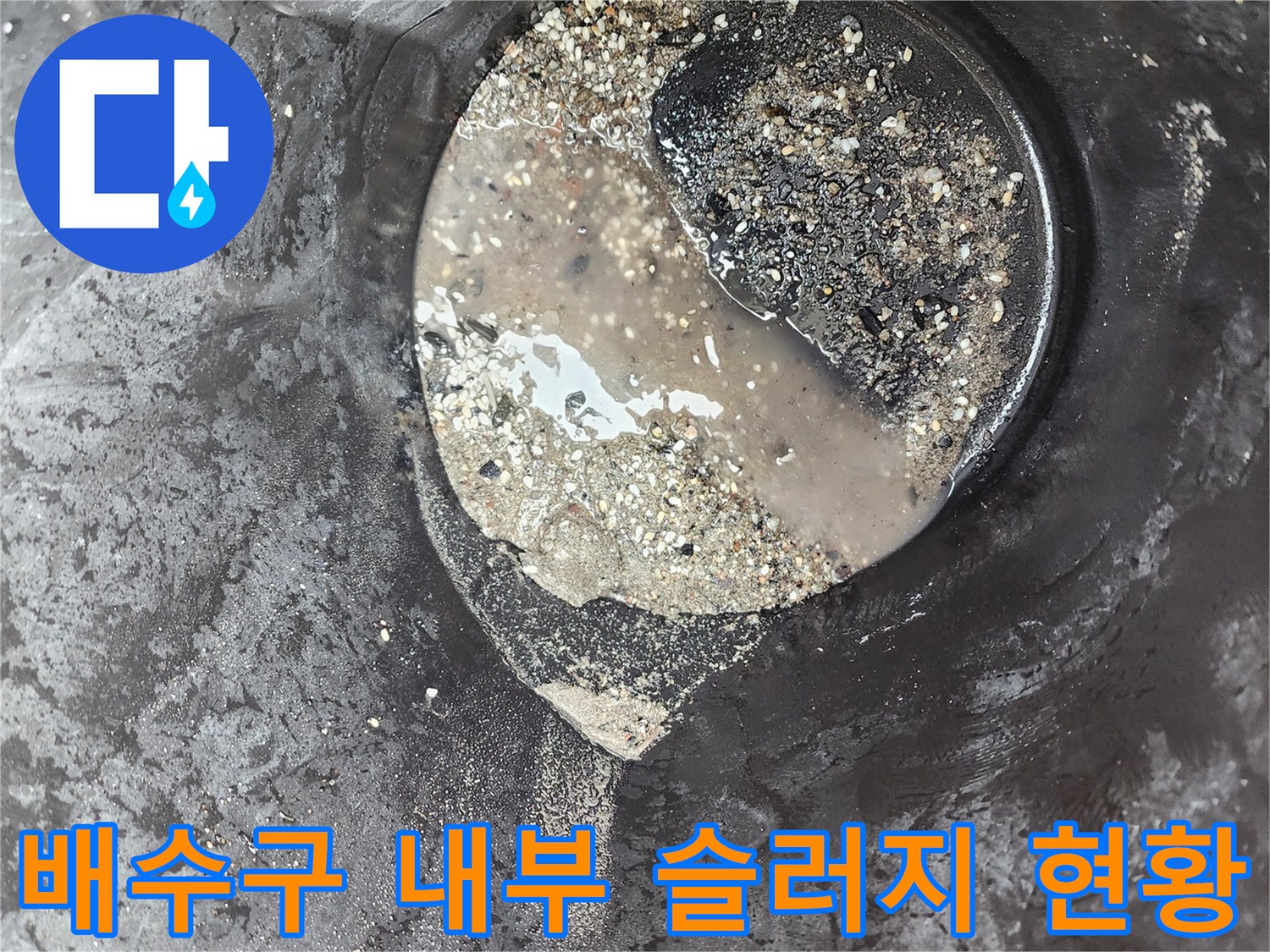 배관 입구에 고여 있는 탁한 물과 부유하는 이물질들