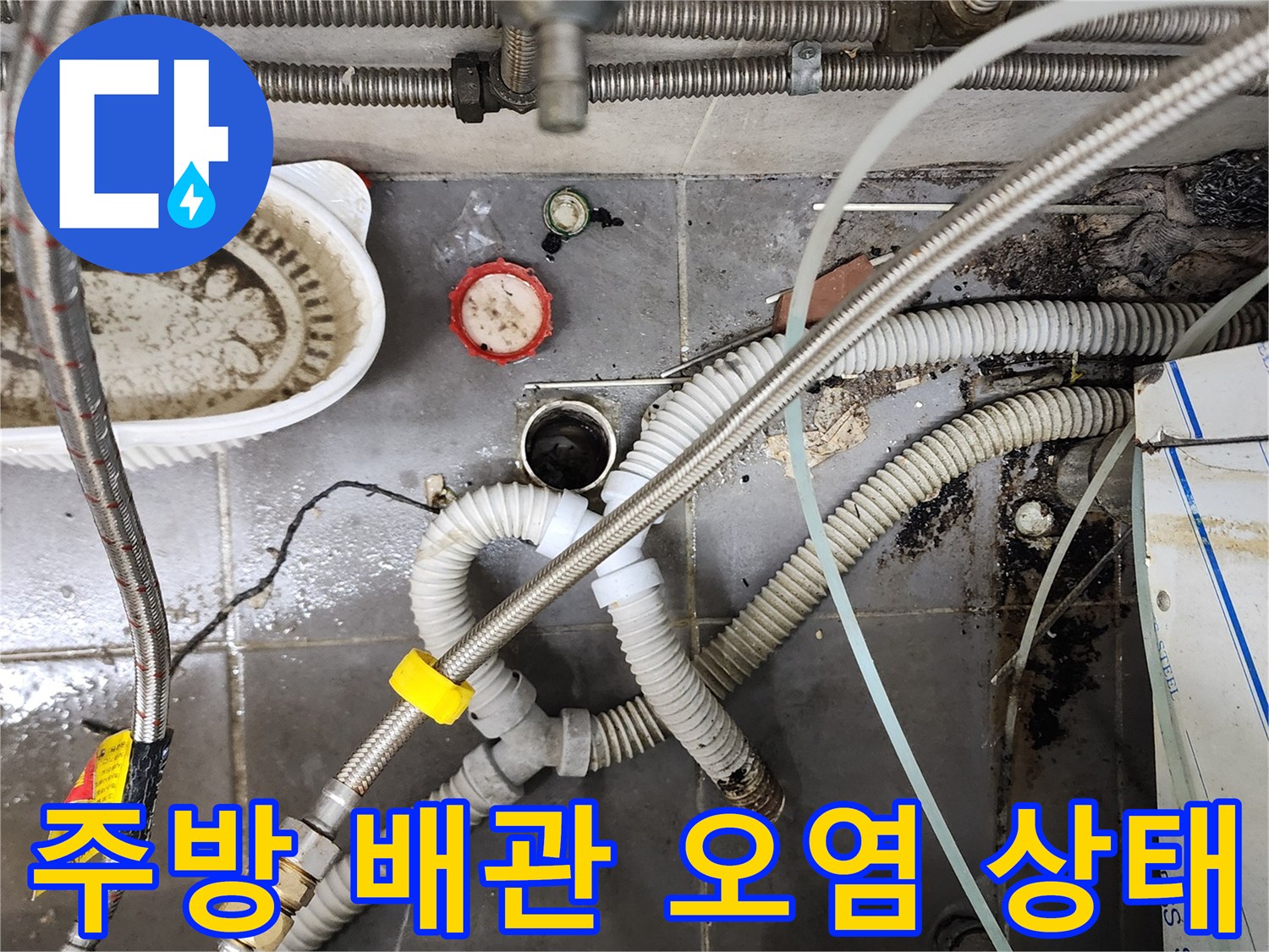 오염된 물이 고여 있는 주방 트렌치와 연결된 배관들